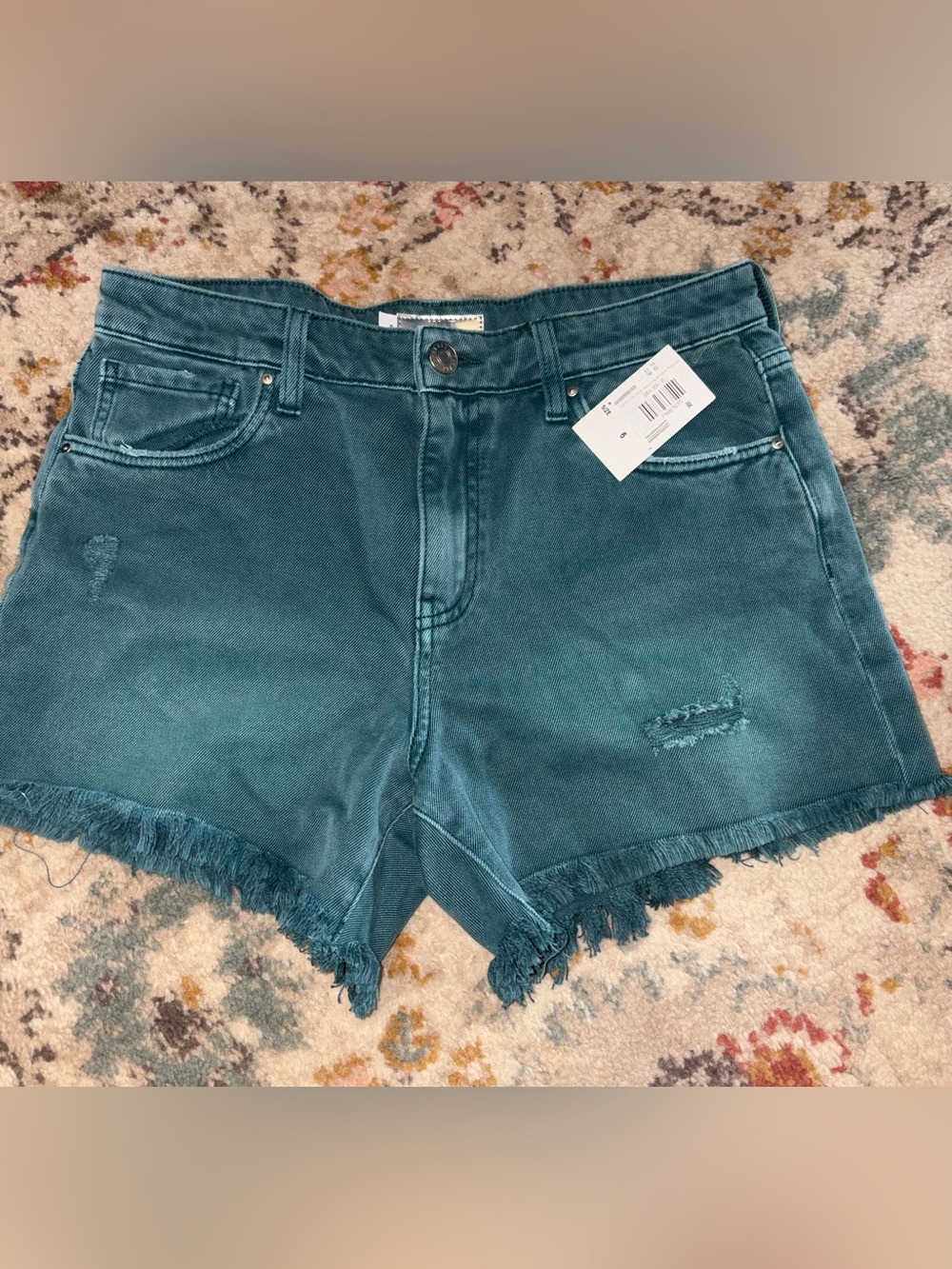 Kut from the Kloth Teal Distressed Frayed Hem Denim Shorts